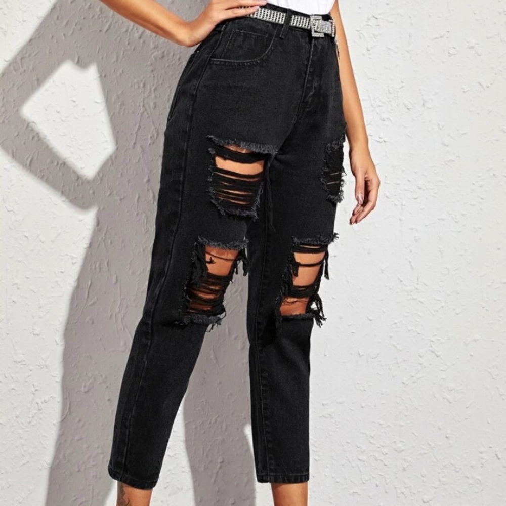 High Waisted Distressed AnkleCut Boyfriend Jeans